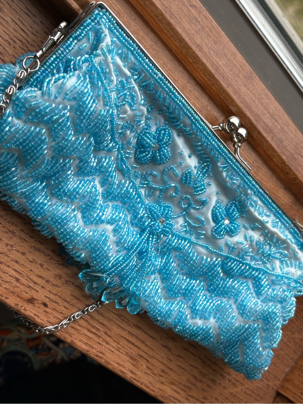 Vintage Baby Blue Beaded Purse🩵 Satin Floral Crossbody Chain Briolette Detail